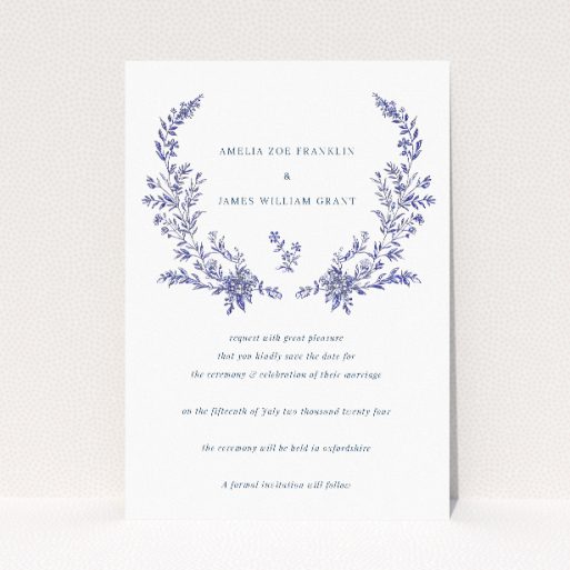 Blue Floral Elegance wedding save the date card A6 featuring a symmetrical arrangement of navy blue florals, blending classic charm with modern elegance for a sophisticated announcement of your special day This is a view of the front