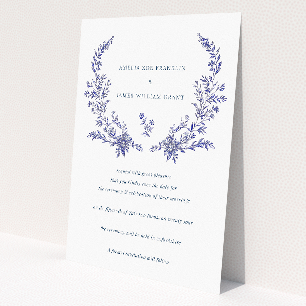 Blue Floral Elegance wedding save the date card A6 featuring a symmetrical arrangement of navy blue florals, blending classic charm with modern elegance for a sophisticated announcement of your special day This is a view of the back