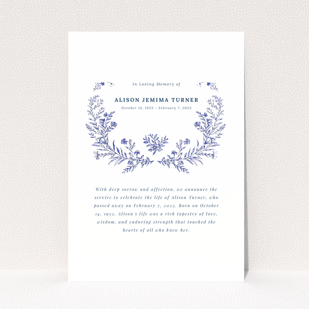 Funeral announcement with floral design and no photos
