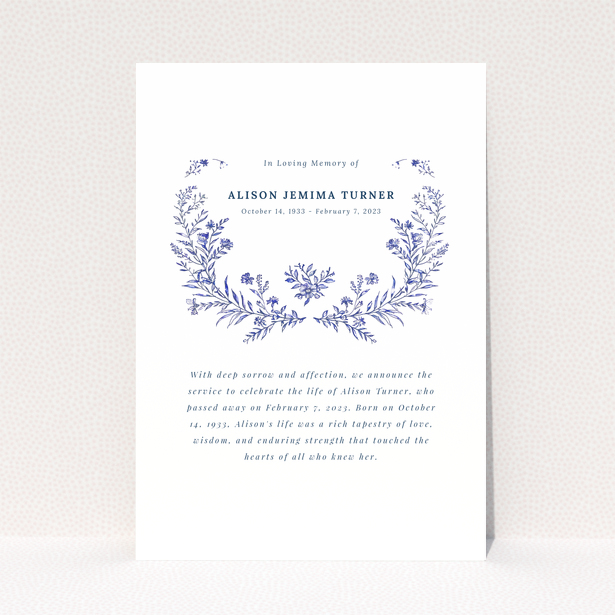 Funeral announcement with floral design and no photos