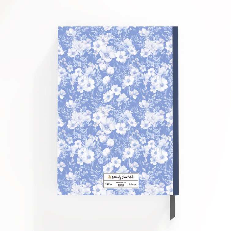 Floral design portrait notebook cover with one photo, featuring a decorative floral pattern and personalisation options, suitable for daily journaling from Utterly Printable.