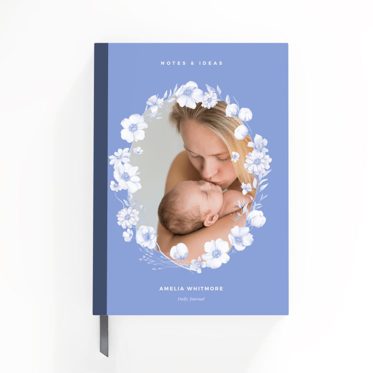 Floral design portrait notebook cover with one photo, featuring a decorative floral pattern and personalisation options, suitable for daily journaling from Utterly Printable.