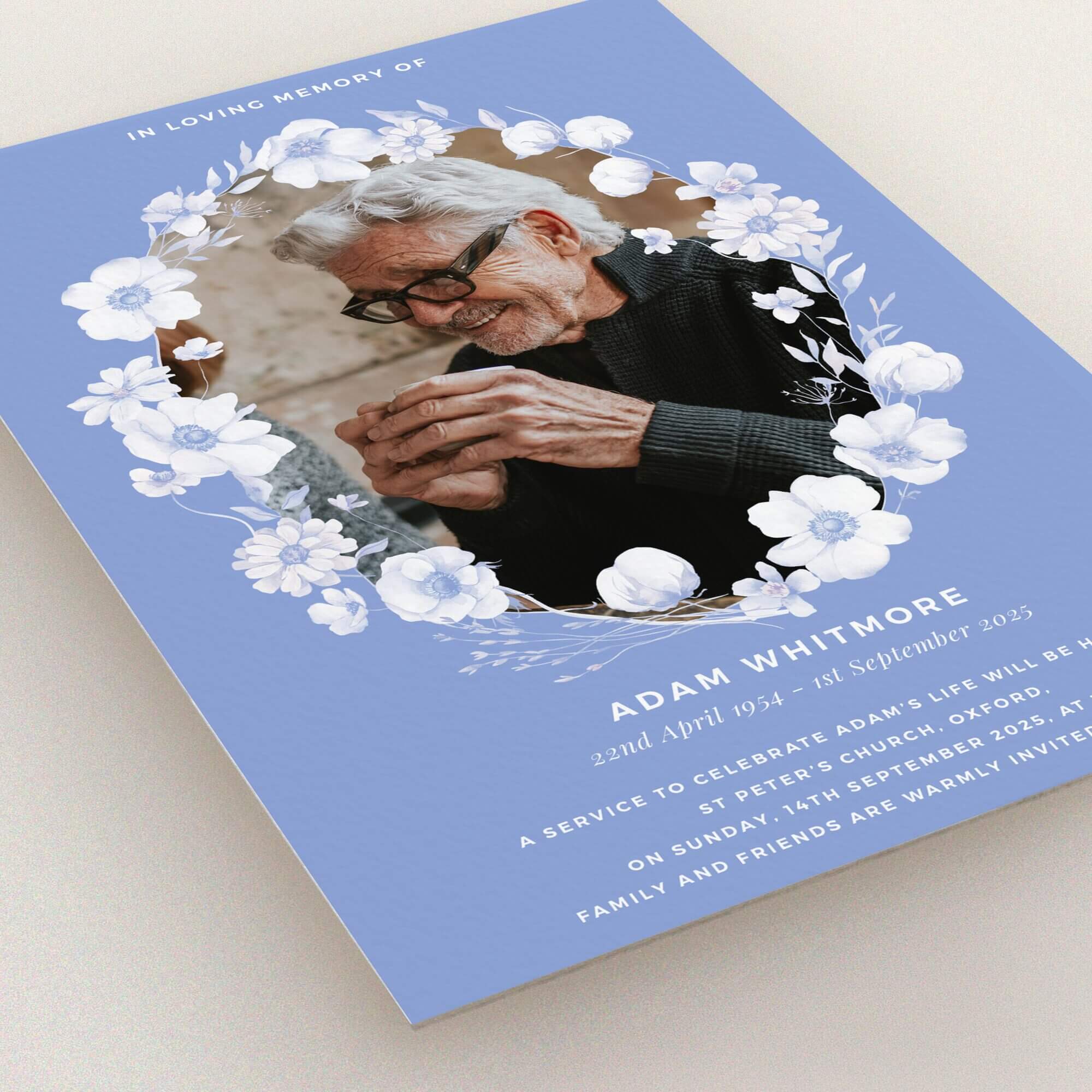 Funeral announcement design with floral elements and one photo of a man