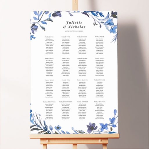  Custom Blue Floral Wreath Seating Plan featuring a beautiful arrangement of blue and purple flowers running along the top and bottom, creating an elegant and enchanting design, perfect for your special day.. This template shows 16 tables.
