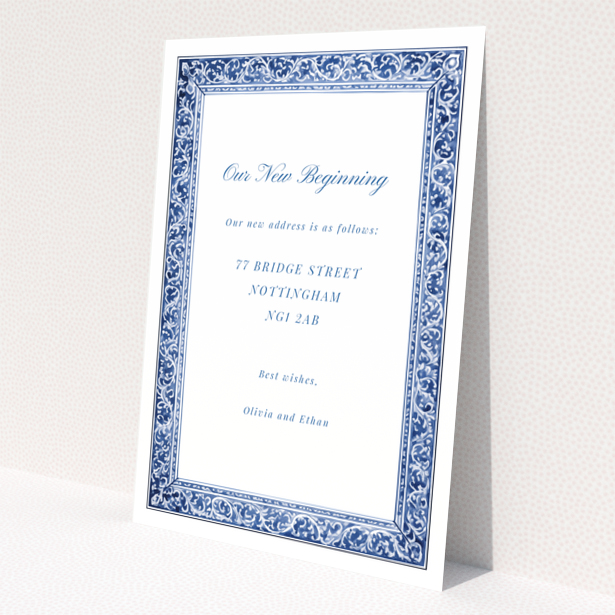 Blue and white floral change of address card with no photos