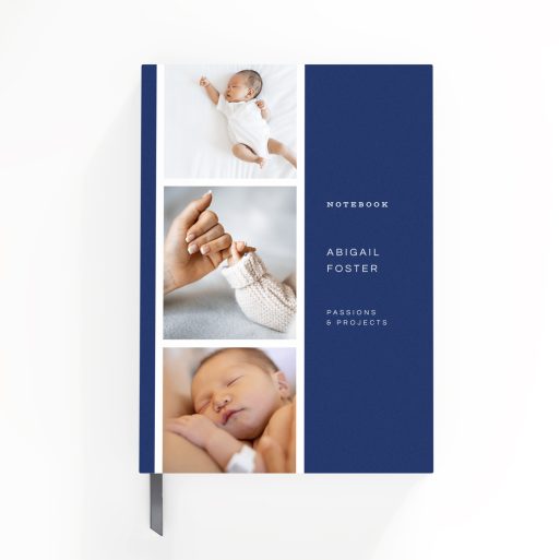 Portrait orientation notebook cover design with two photos, featuring a blue patterned background, designed for Utterly Printable's personalised stationery products.