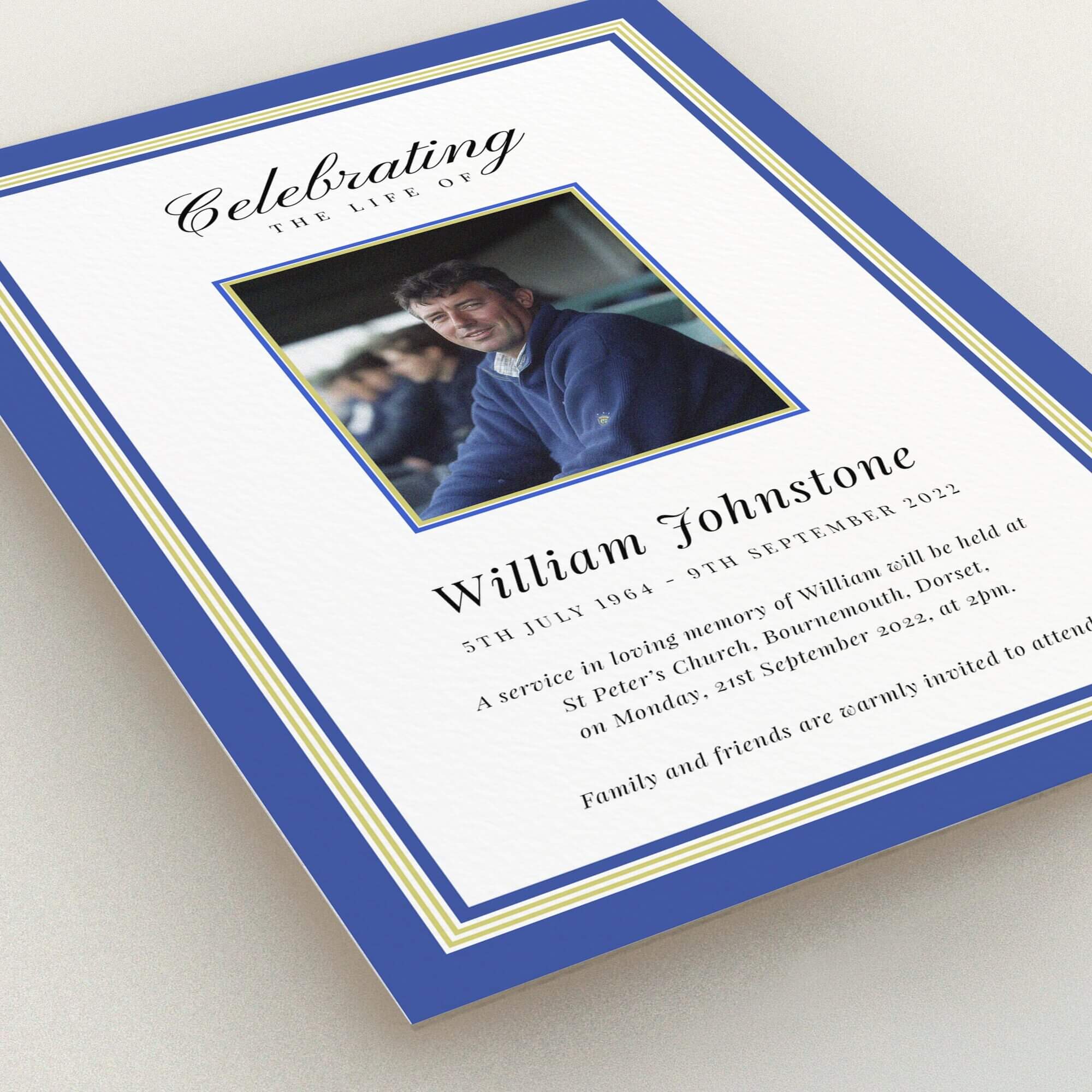 Funeral announcement card design with one photo for personalised memorial service invitation