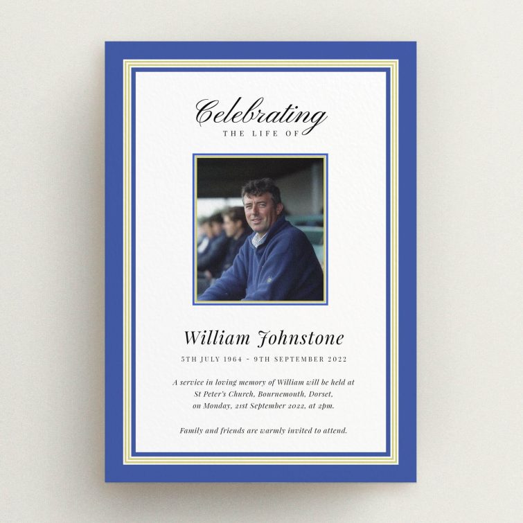 Funeral announcement card design with one photo for personalised memorial service invitation