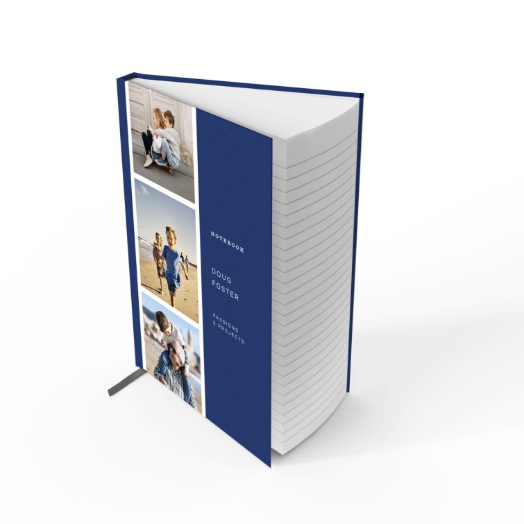 Decorative blue notebook cover design with two photos on the layout.