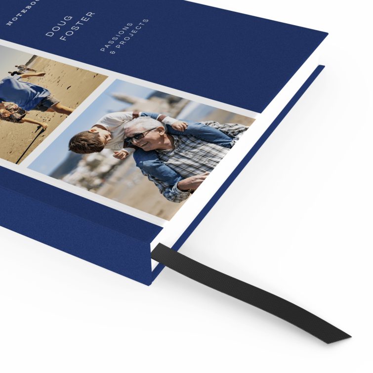 Decorative blue notebook cover design with two photos on the layout.