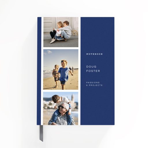 Decorative blue notebook cover design with two photos on the layout.