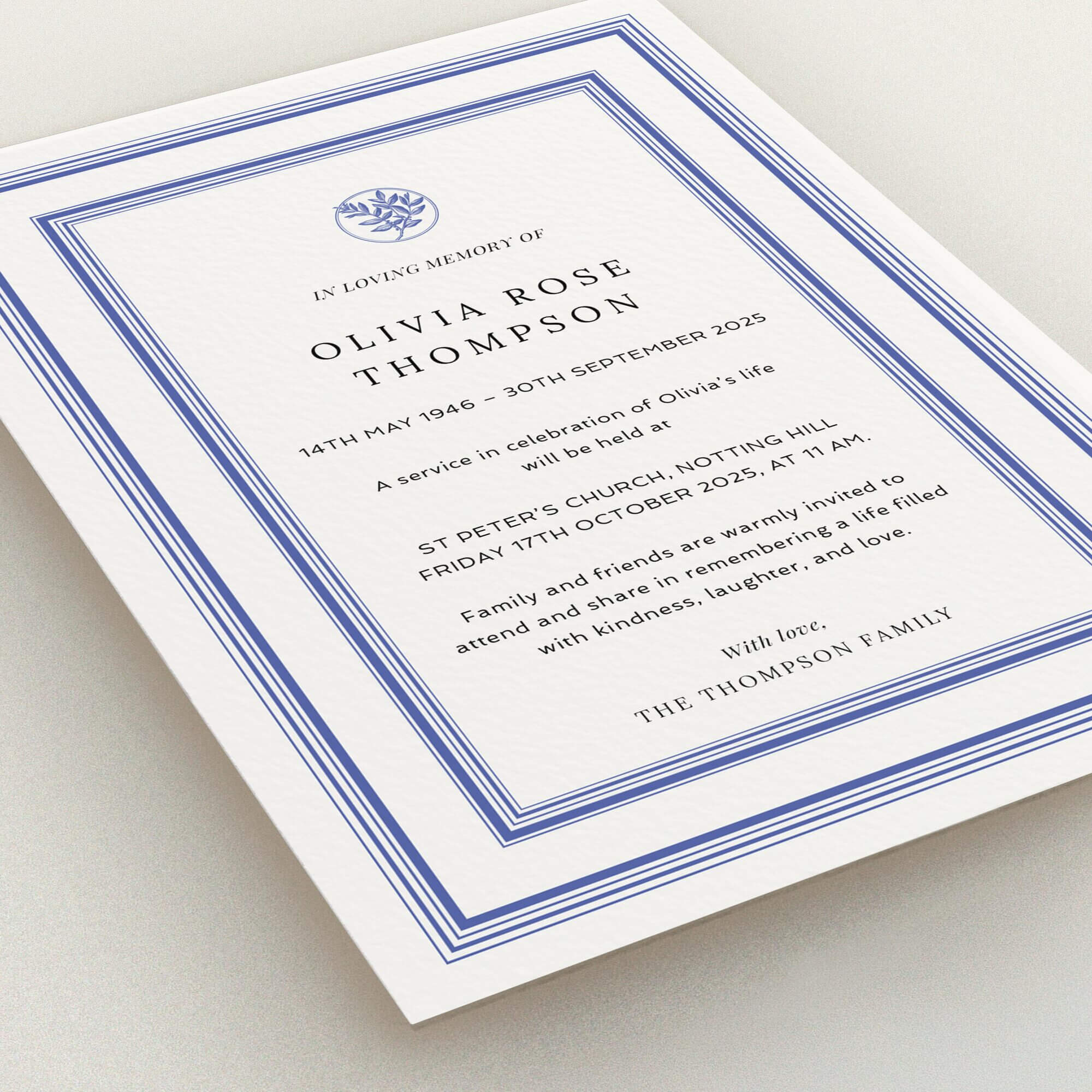 Elegant funeral announcement design with a blue border and one decorative image.