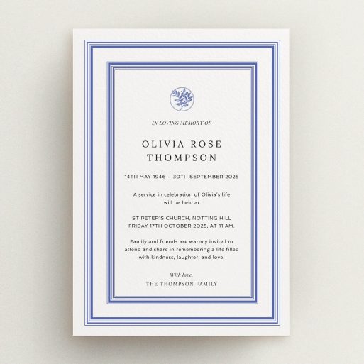 Elegant Funeral Announcement Elegant funeral announcement design with a blue border and one decorative image.