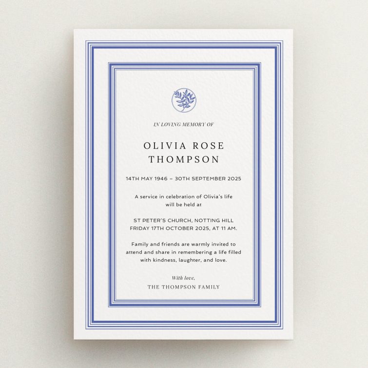 Elegant funeral announcement design with a blue border and one decorative image.