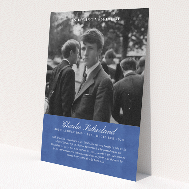 Funeral announcement design with one photo.