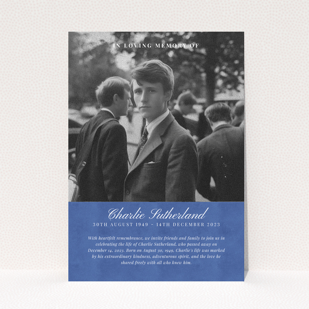 Funeral announcement design with one photo.