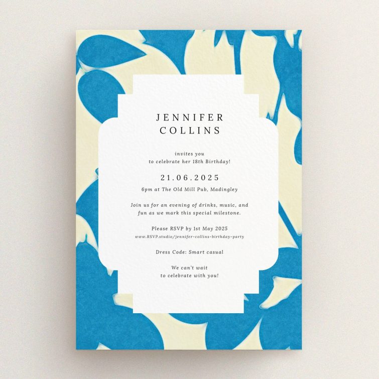 Blue and cream floral 18th Birthday Invitation design with artistic background, no photos included.