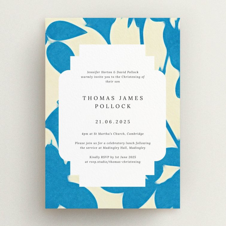 Blue and white modern christening invitation design with abstract floral background, featuring one central text area.