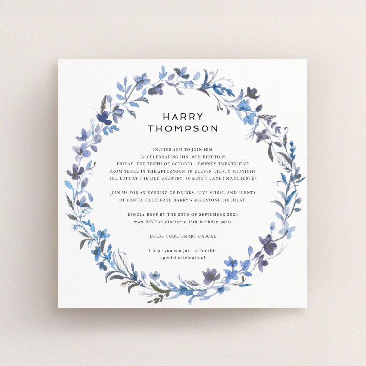 Floral themed 18th Birthday Invitation design with blue and purple accents, featuring one decorative illustration.