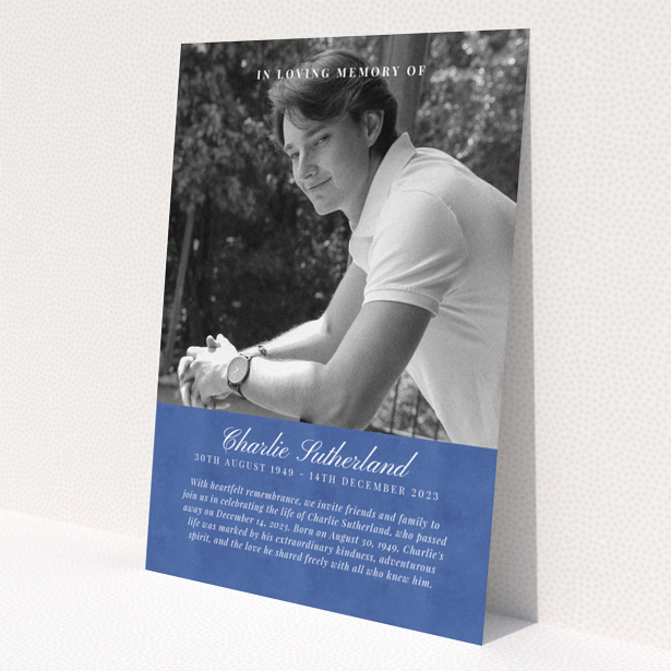 Funeral announcement design with one photo and text in loving memory of Charlie Sutherland