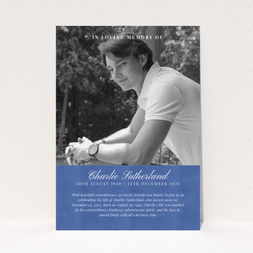 Funeral announcement design with one photo and text in loving memory of Charlie Sutherland