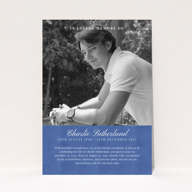 Funeral announcement design with one photo and text in loving memory of Charlie Sutherland