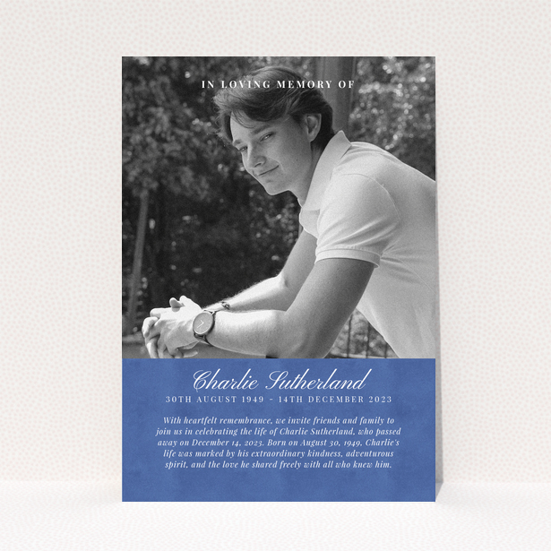 Funeral announcement design with one photo and text in loving memory of Charlie Sutherland