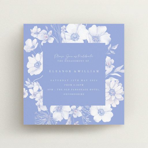 Floral engagement party invitations with blue and white design, including one photo.