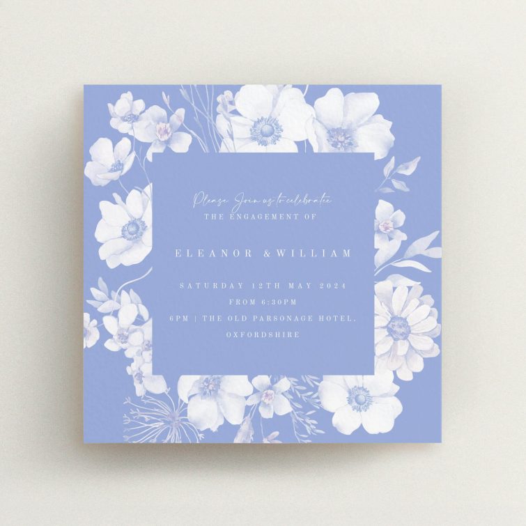Floral engagement party invitations with blue and white design, including one photo.