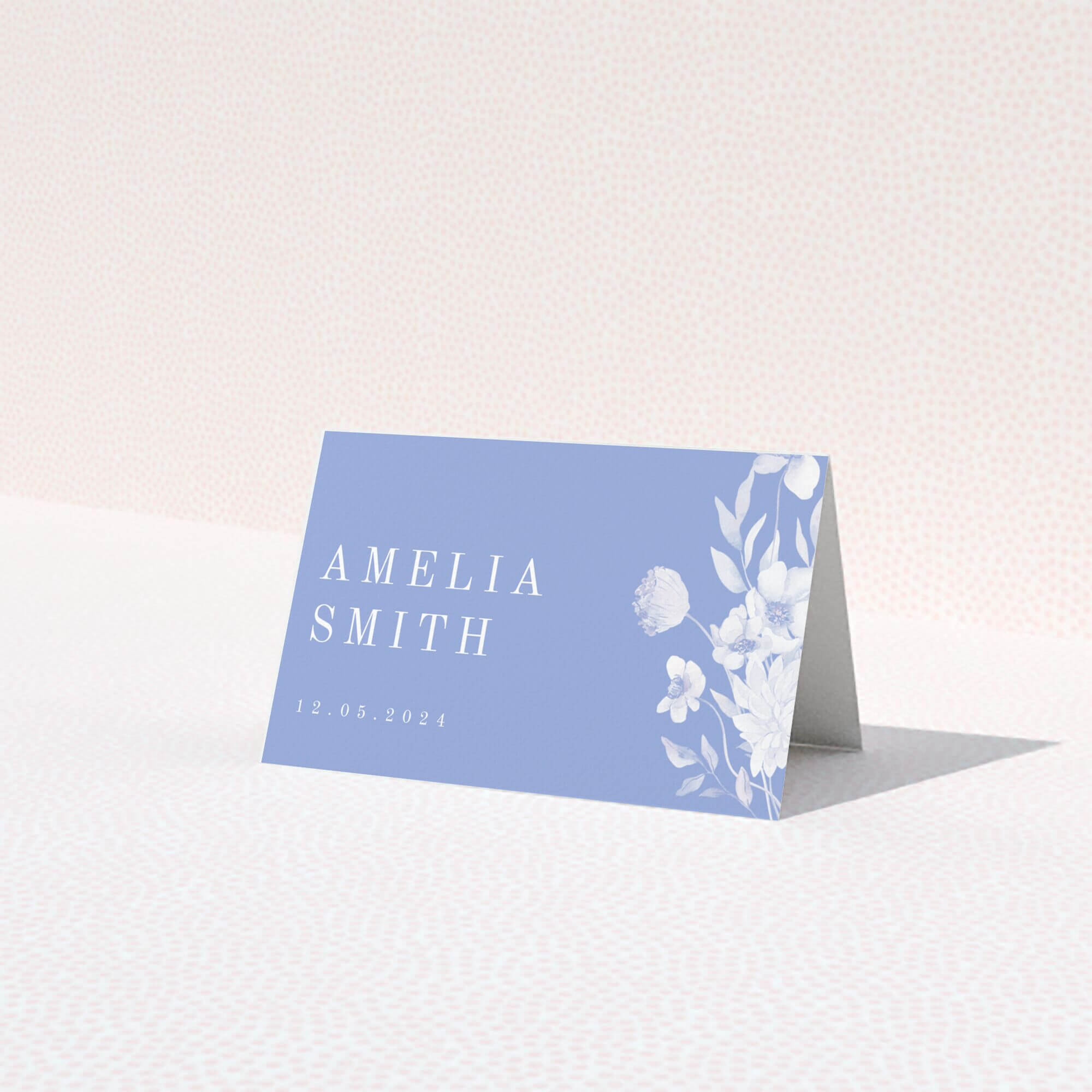 Floral design wedding table place card with blue background and no photos