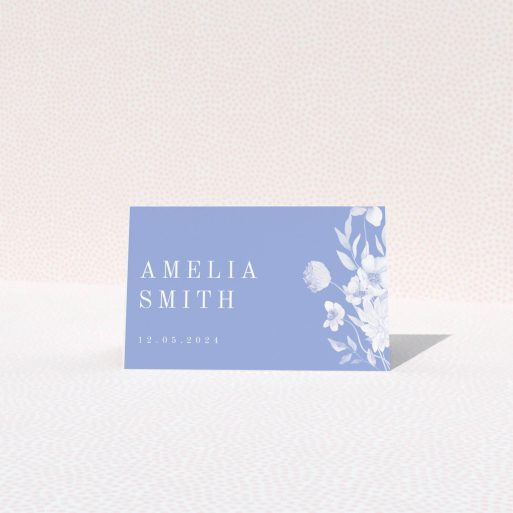 Floral design wedding table place card with blue background and no photos