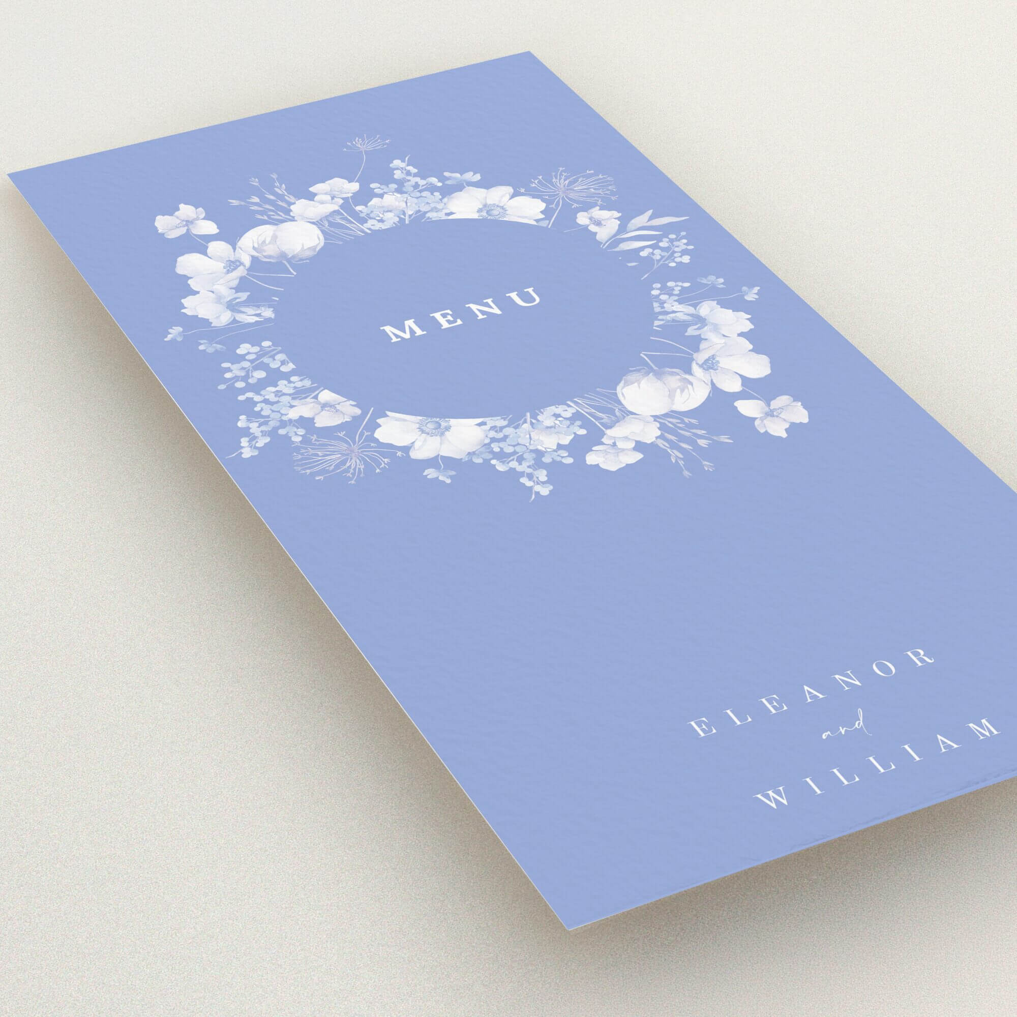 Elegant floral wedding menu card design with blue background and no photos.