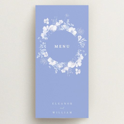 Elegant floral wedding menu card design with blue background and no photos.