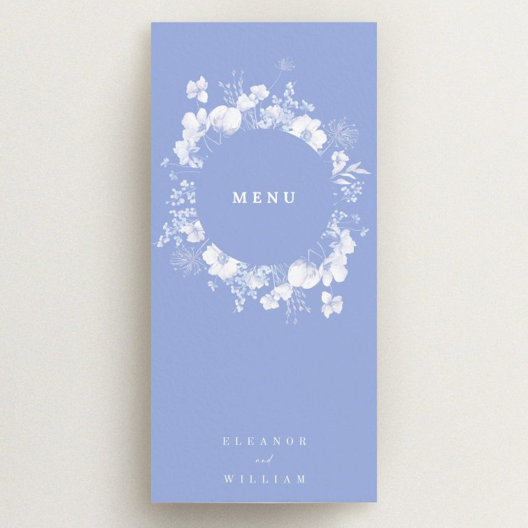 Elegant floral wedding menu card design with blue background and no photos.