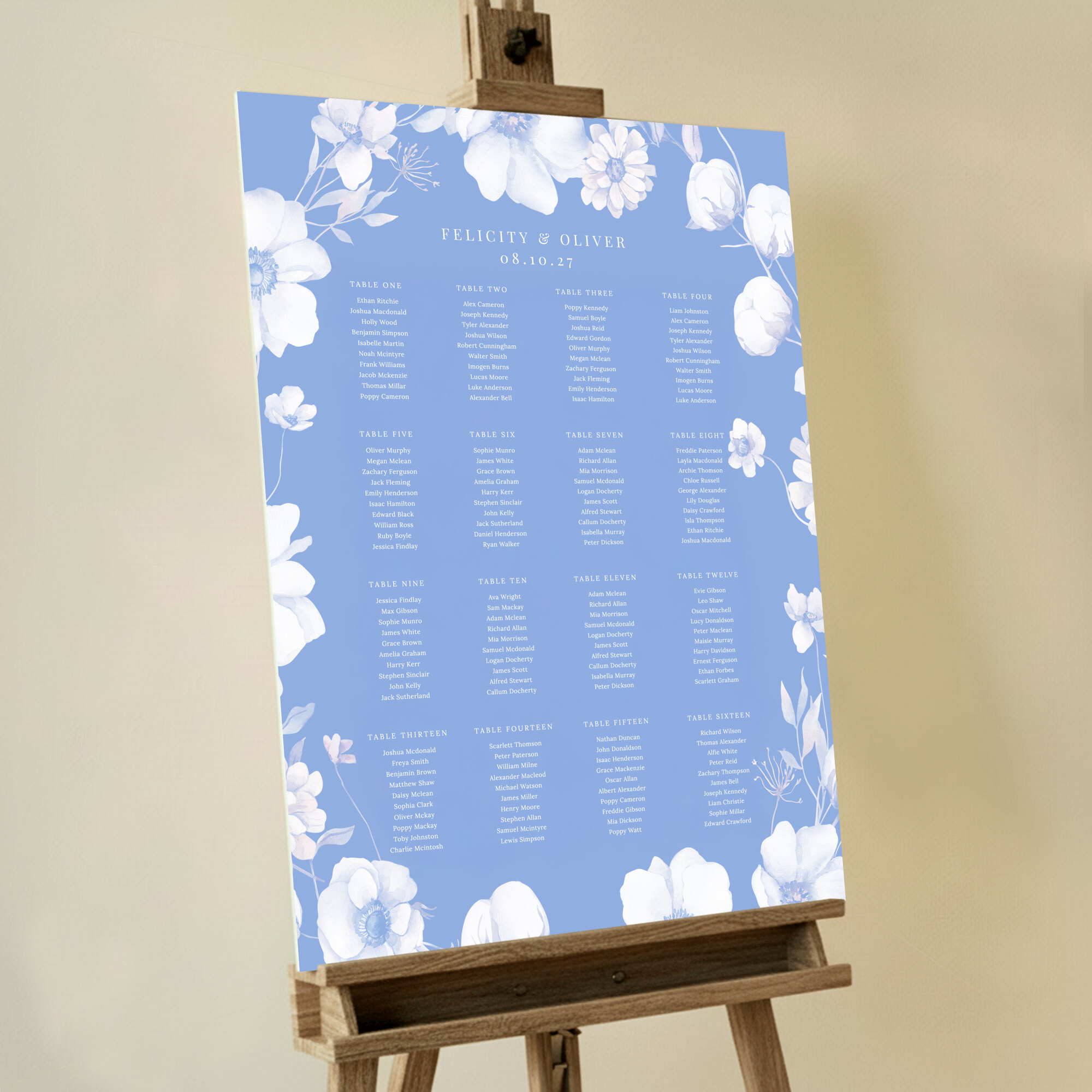 Elegant floral wedding table plan with sixteen tables and no photos, designed for personalised seating arrangements. This one shows 16 tables.