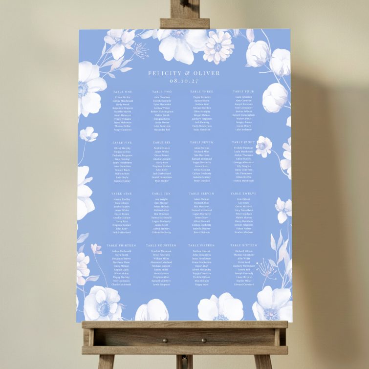 Elegant floral wedding table plan with sixteen tables and no photos, designed for personalised seating arrangements. This one shows 16 tables.