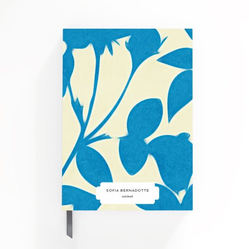 Floral design personalised notebook cover with blue and cream abstract pattern, includes one photo placeholder, created by Utterly Printable for UK market.