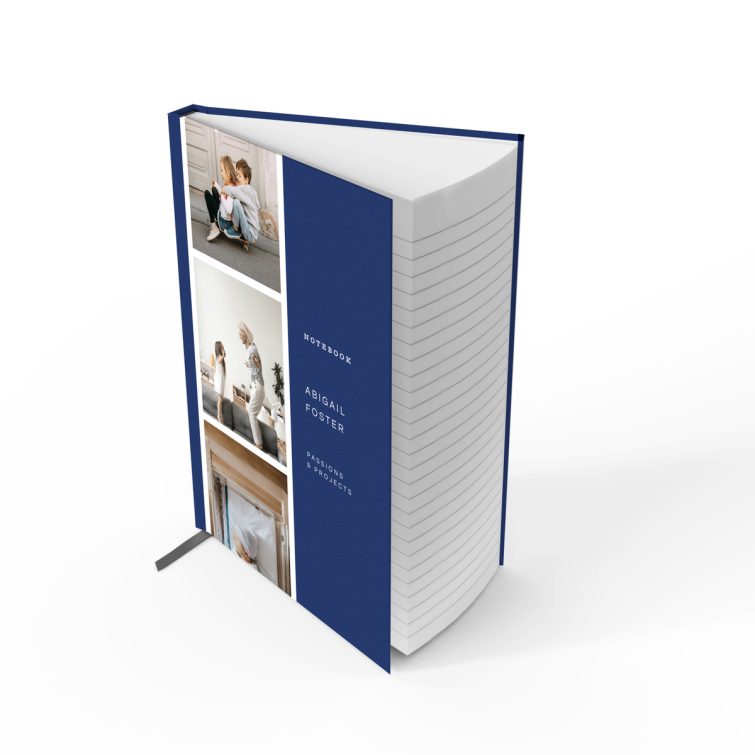 Personalised notebook cover design with two photos included, featuring a patterned blue background.