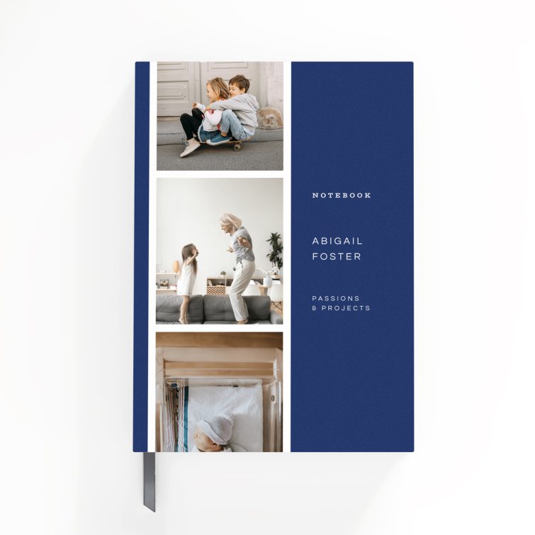 Personalised notebook cover design with two photos included, featuring a patterned blue background.