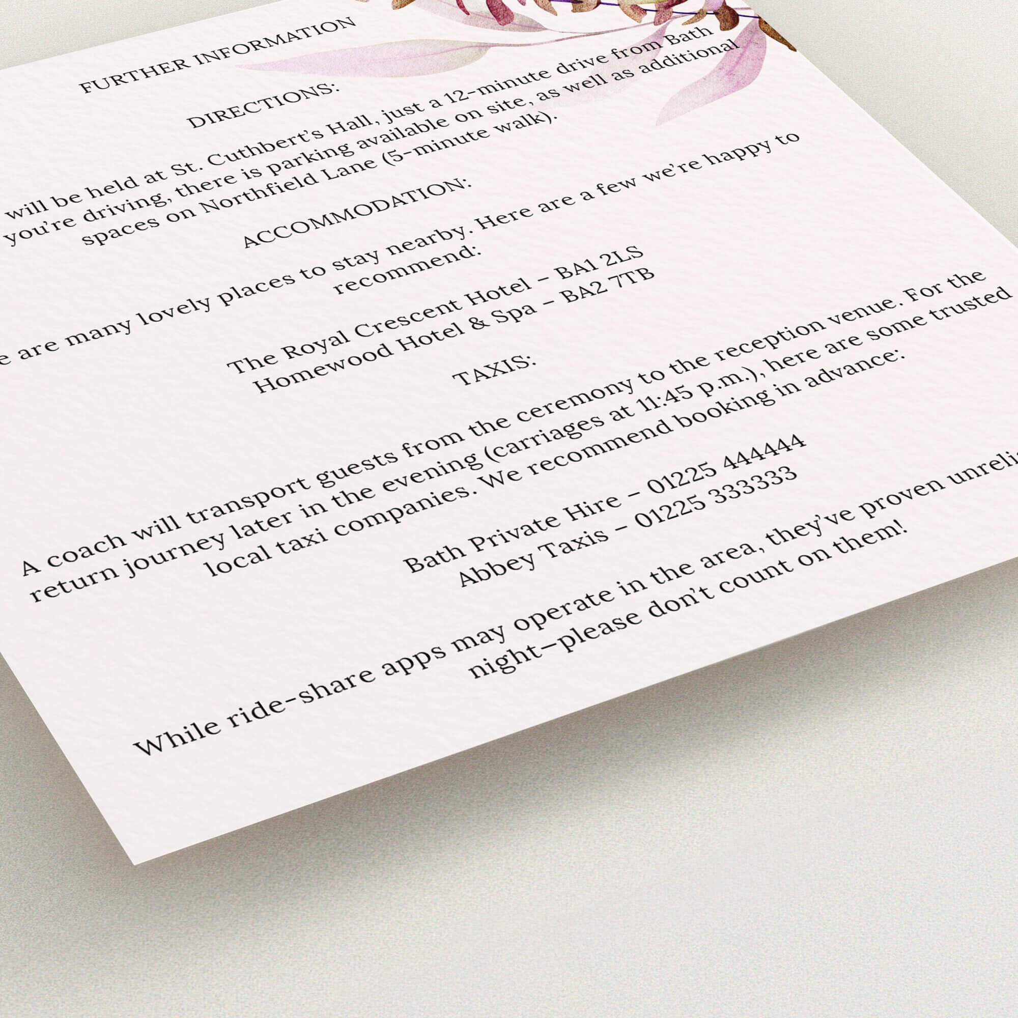 Wedding information card design with floral accents and one decorative element