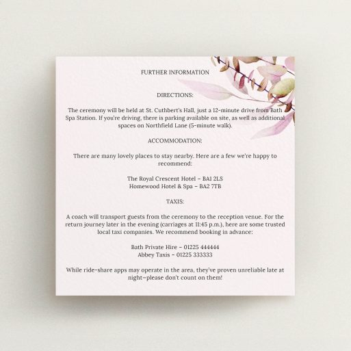 Wedding information card design with floral accents and one decorative element