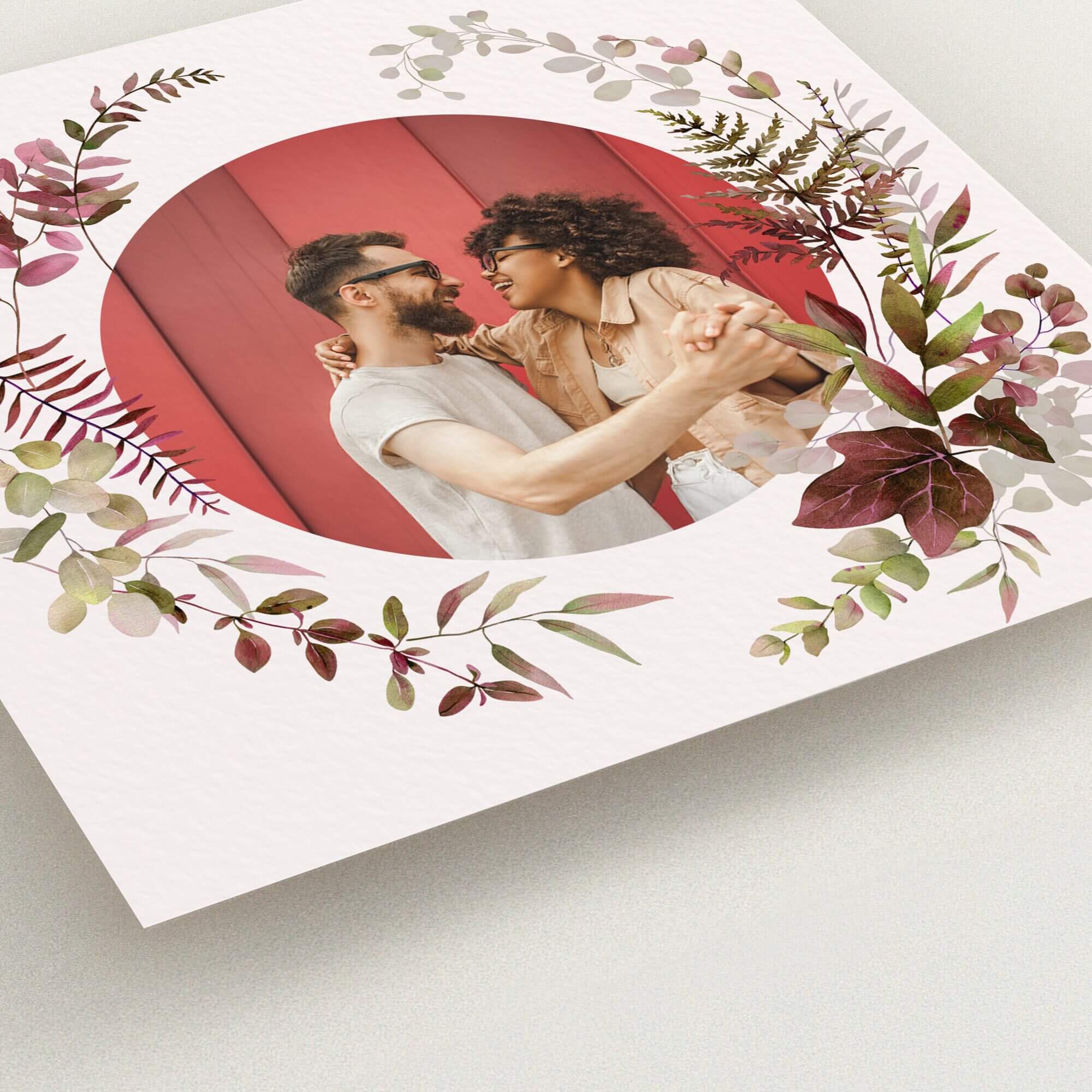 Floral engagement party invitations with one photo of a couple dancing in circle design