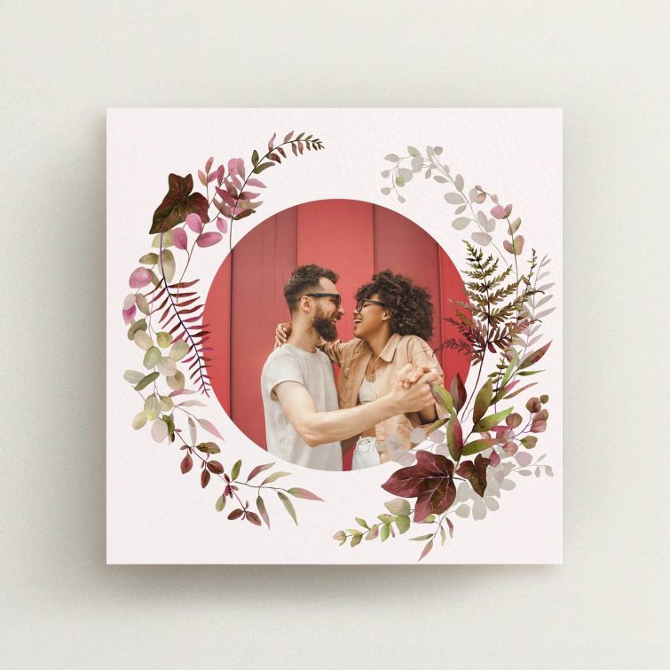 Floral engagement party invitations with one photo of a couple dancing in circle design