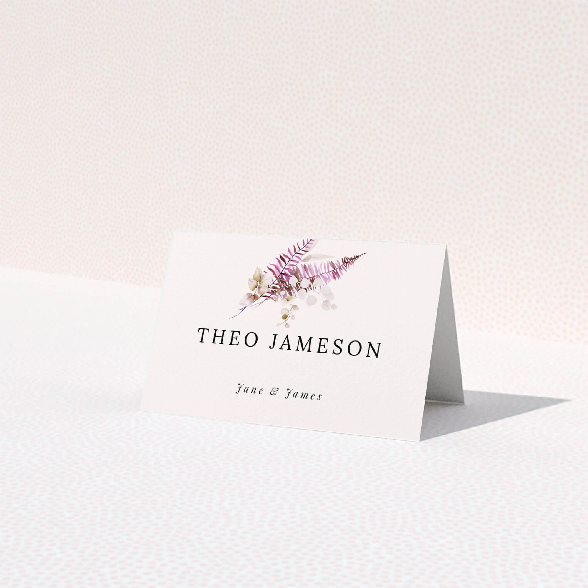 Floral wedding table place card design with elegant typography and botanical illustration.