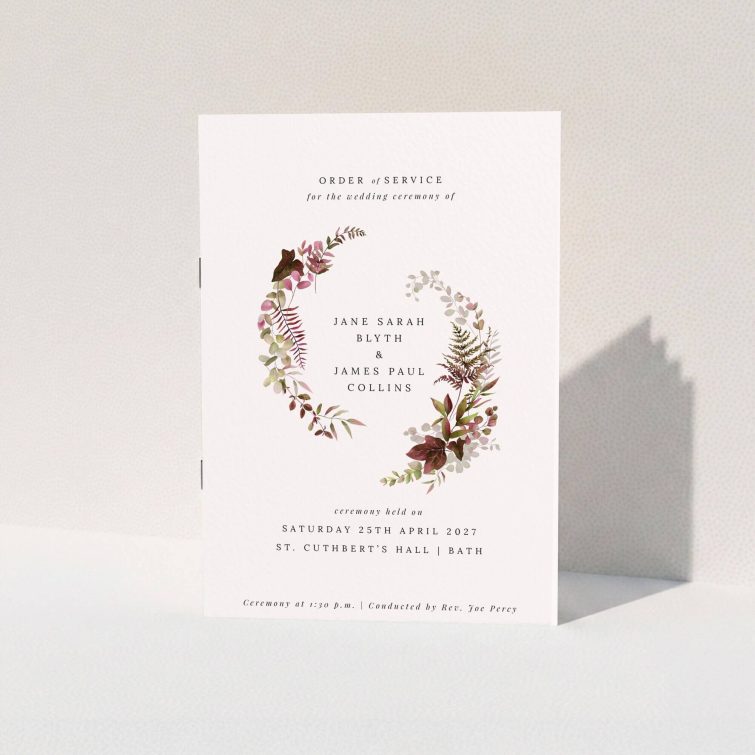 Elegant floral wedding order of service programme with two decorative elements.