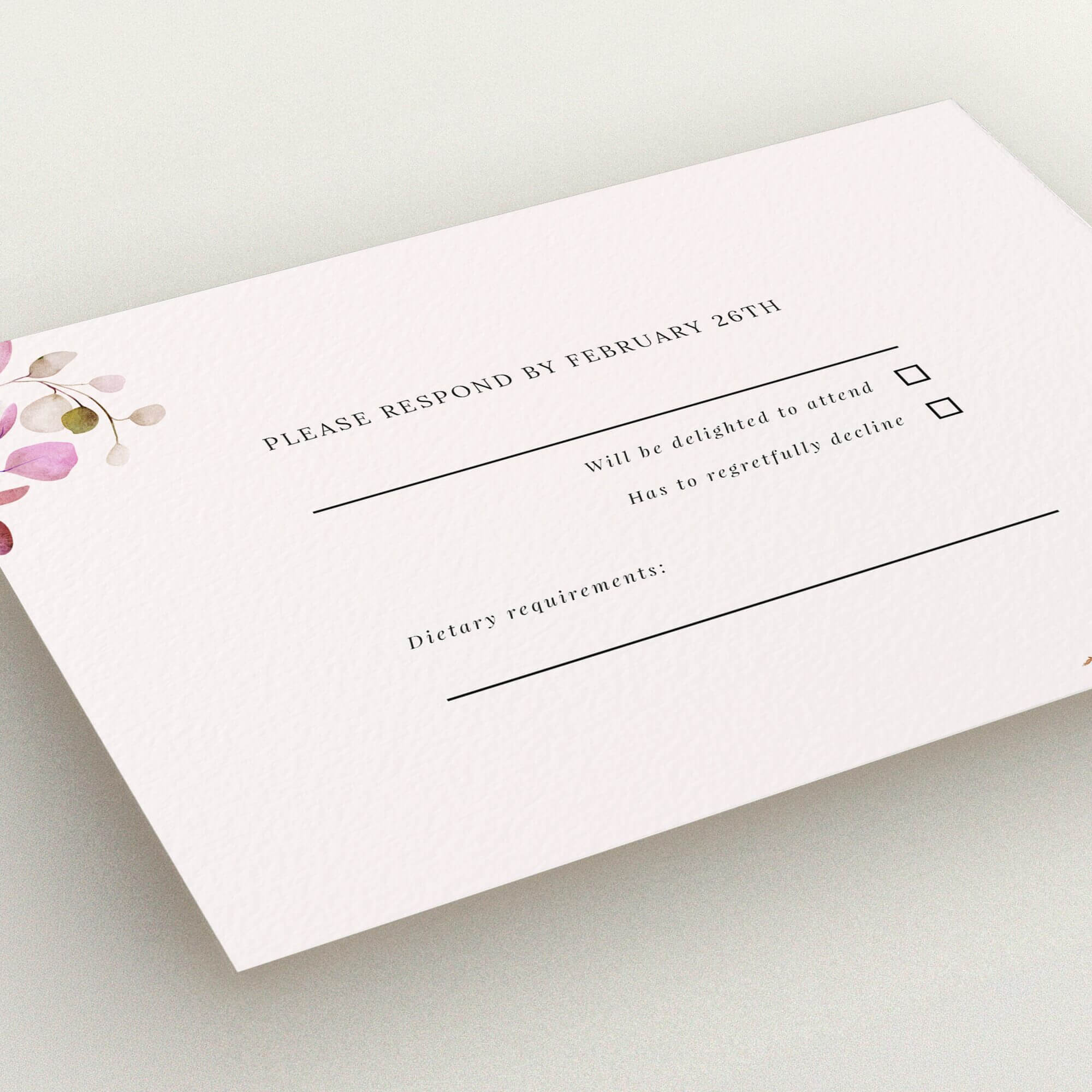 Elegant floral wedding rsvp card with response options and space for dietary requirements