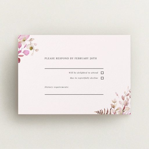 Elegant floral wedding rsvp card with response options and space for dietary requirements