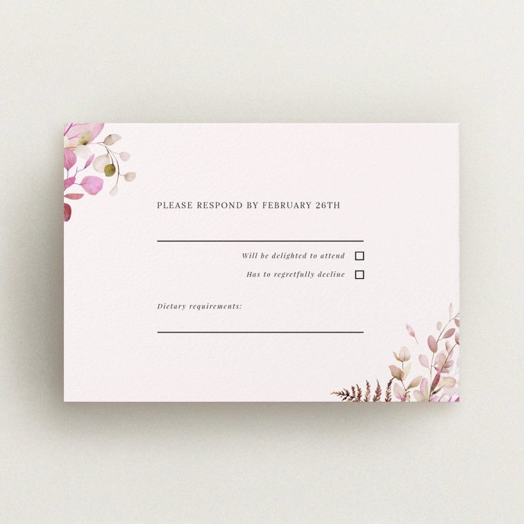 Elegant floral wedding rsvp card with response options and space for dietary requirements