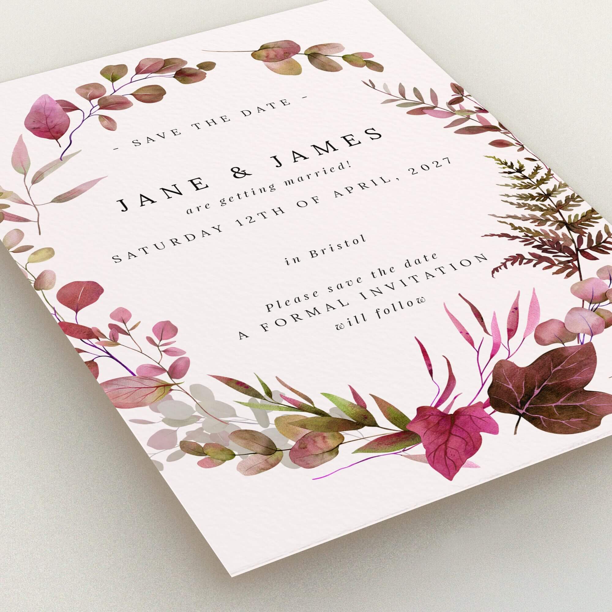 Floral wedding save the date card design with no photos, featuring elegant botanical elements.