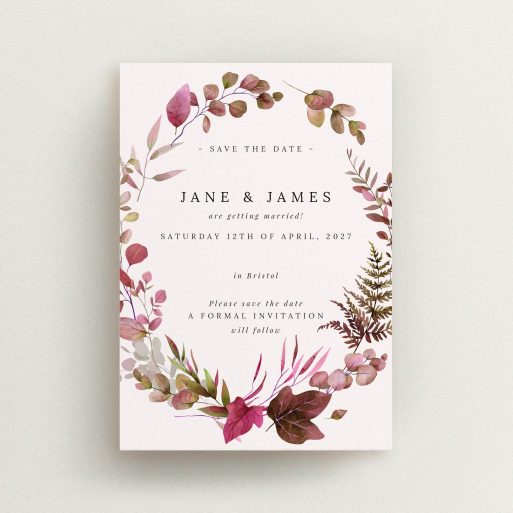 Floral wedding save the date card design with no photos, featuring elegant botanical elements.